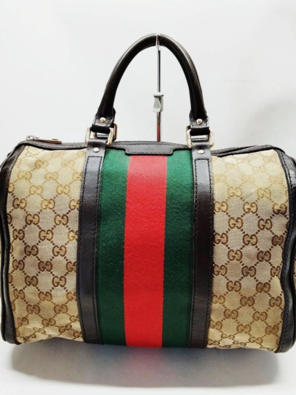 GUCCI Vintage Web Boston Bag GG Canvas Medium Beige Ebony